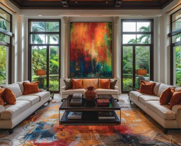 Guide visuel pour harmoniser les couleurs de peinture dans une maison ouverte, montrant un espace lumineux et harmonieusement décoré